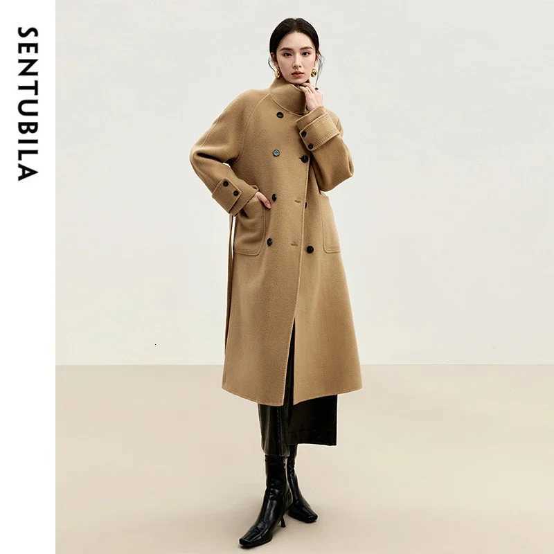SENTUBILA Korean Style 100 Wool Coats for Women 2025 Winter Oversize Warm Double Breasted Stand Neck Belted Outerwear W44O56385T251101