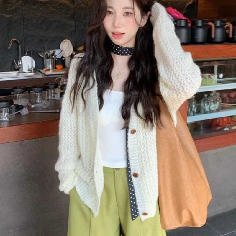 V Neck Loose Long Sleeve Cardigan Sweater Womens Autumn Knitted Casual Coats New Fashion Solid Simple Elegant Versatile TopT251101