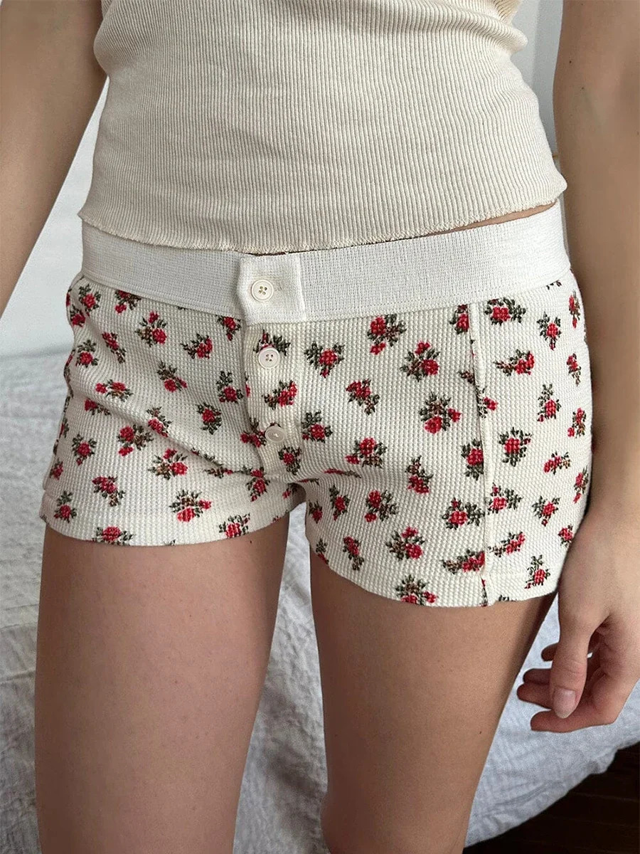Womens Loungewear Shorts Y2K Vintage Low Waist Button Closure Graphic Printed Aesthetic Slim Pajama Bottoms Sleepwear 250401
