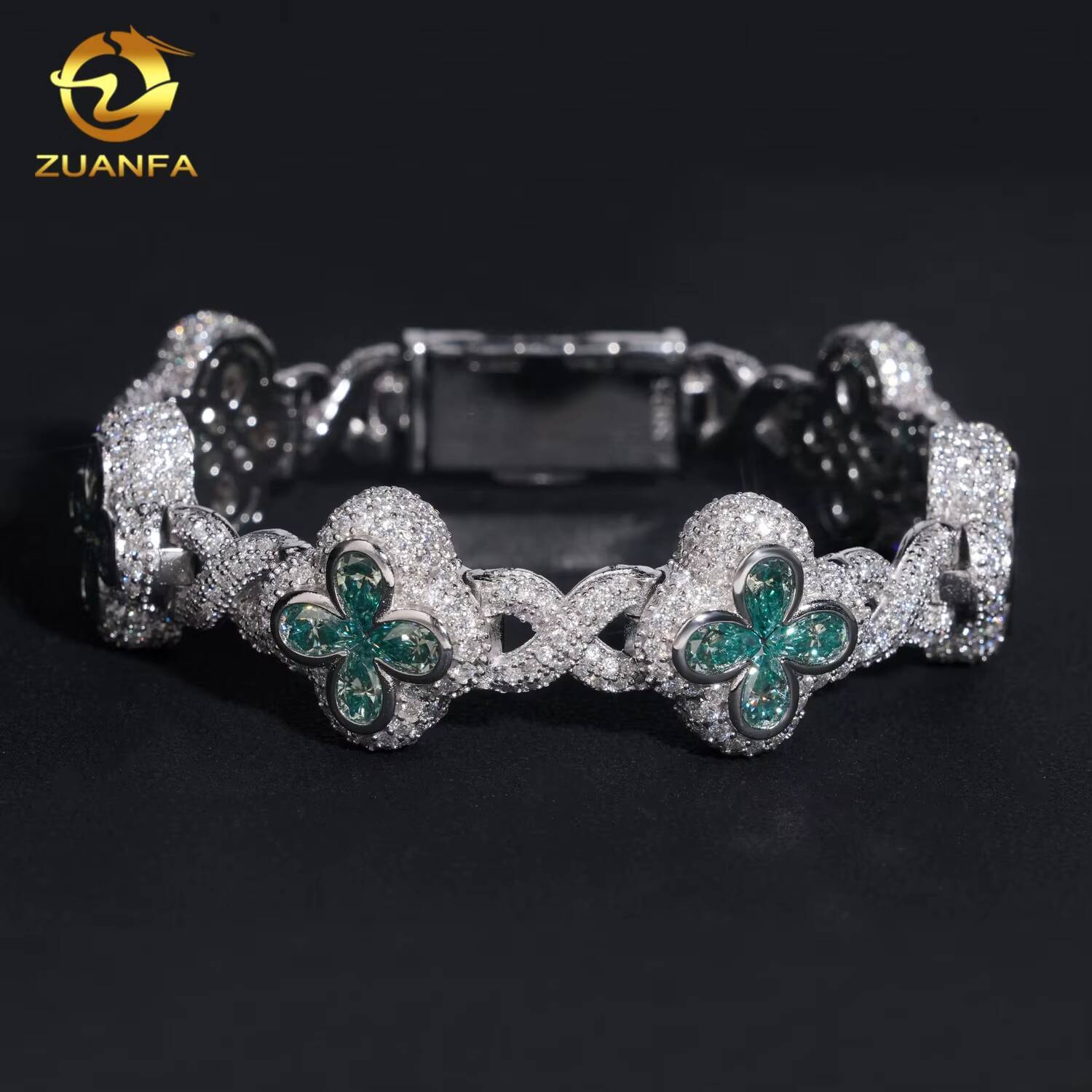 Luxury Hip Hop Jewelry 9mm Flower Moissanite Cuban Link Bracelet 925 Silver Iced Out Moissanite Cuban Bracelet for Men Women