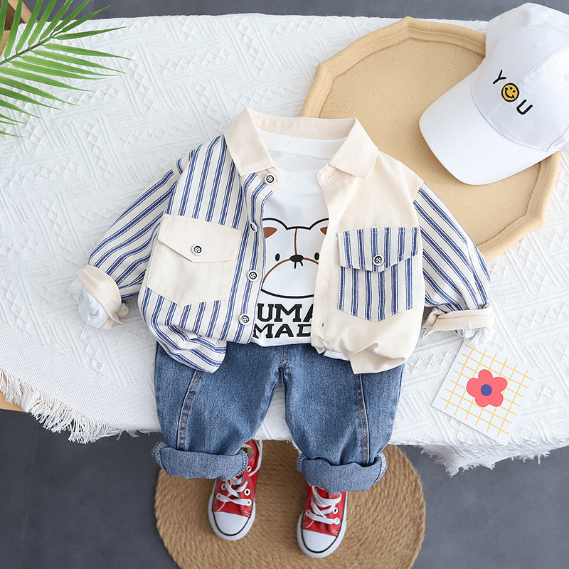kids designer clothes 2025 Boys Shirt Set Striped Patchwork Long Sleeve Outfit Korean Style Spring Toddler Clothes