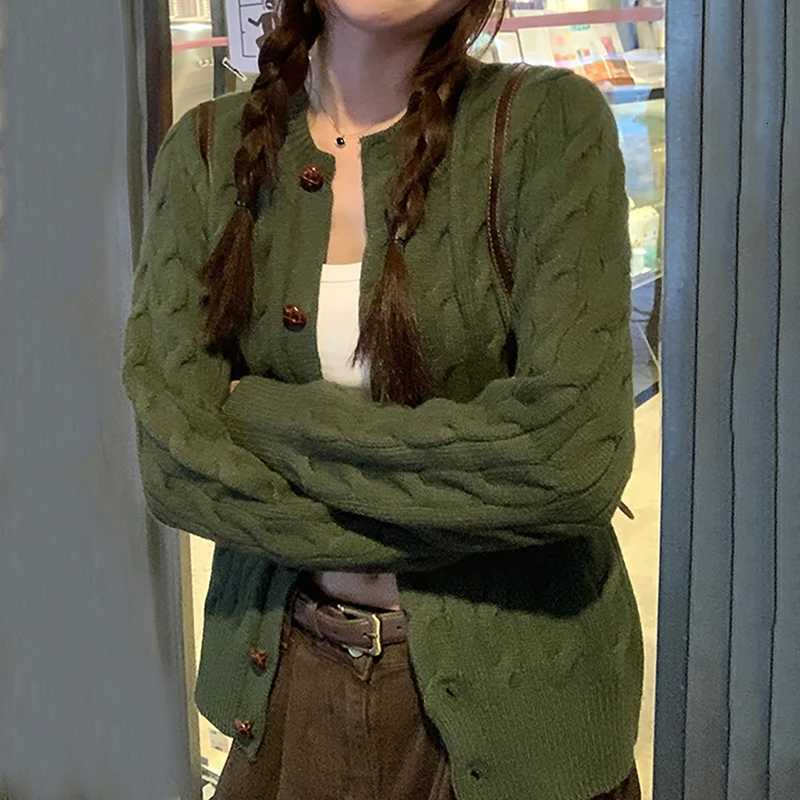 Retro Green Knitted Cardigans Women Autumn Winter Single Breasted Crop Cardiagn Woman Chic Round Neck Long Sleeve Sweater CoatsT251101