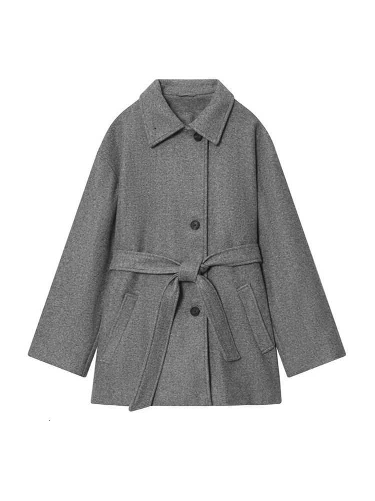 Womens Soft Woolen Coat with Belt DoublePosition Collar Long Sleeve Front Pockets Chic Female Outerwear TopT251101