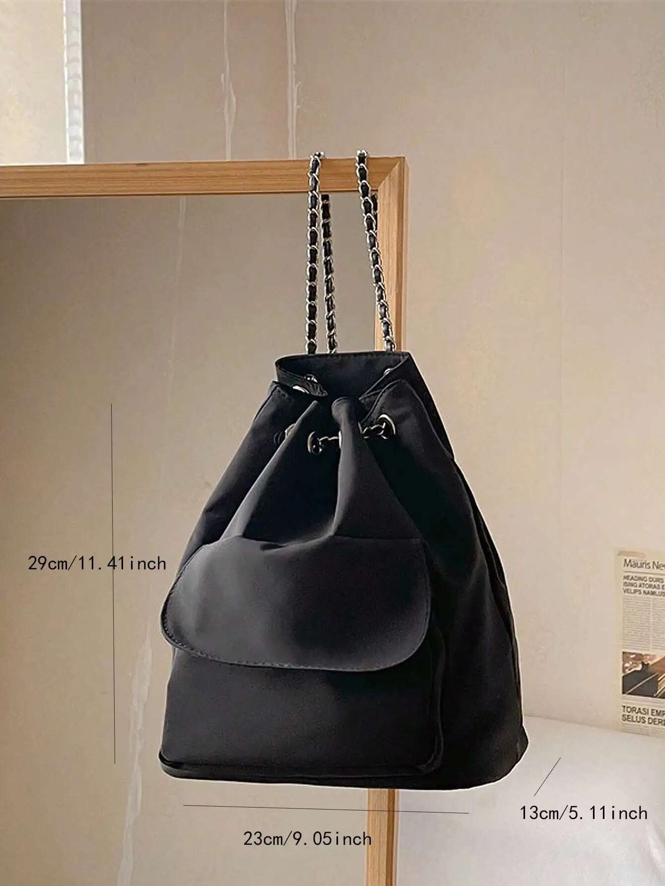 Minimalist Casual Silk Black Chain Bucket Bag Korean Version Drawstring Large Capacity Commuting Backpack