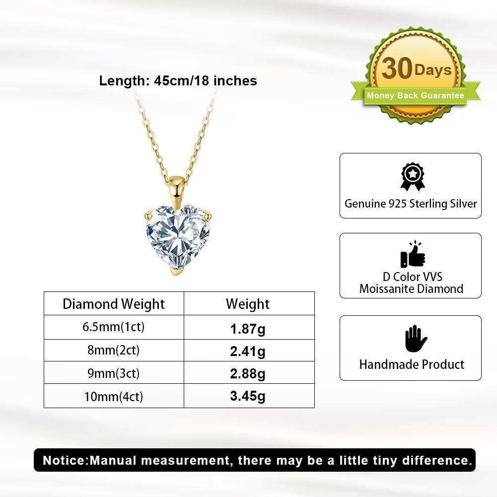 RINNTIN SMON08 1CT 2CT 3CT 4CT Heart Cut Moissanite Pendant Necklace S925 Sterling Silver Trendy Valentines Day Gift for Women