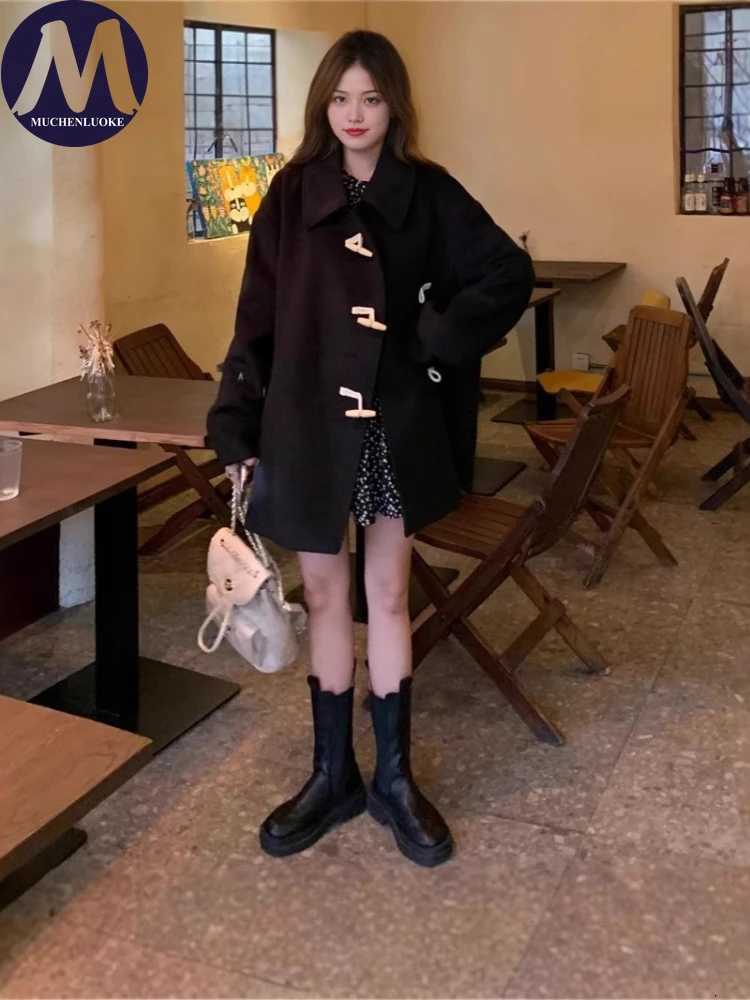 Womens Trench Coat Autumn Winter Long Sleeves Horn Button Medium Length Woolen Coats Korean Fashion Casual Loose Keep Warm CoatT251101