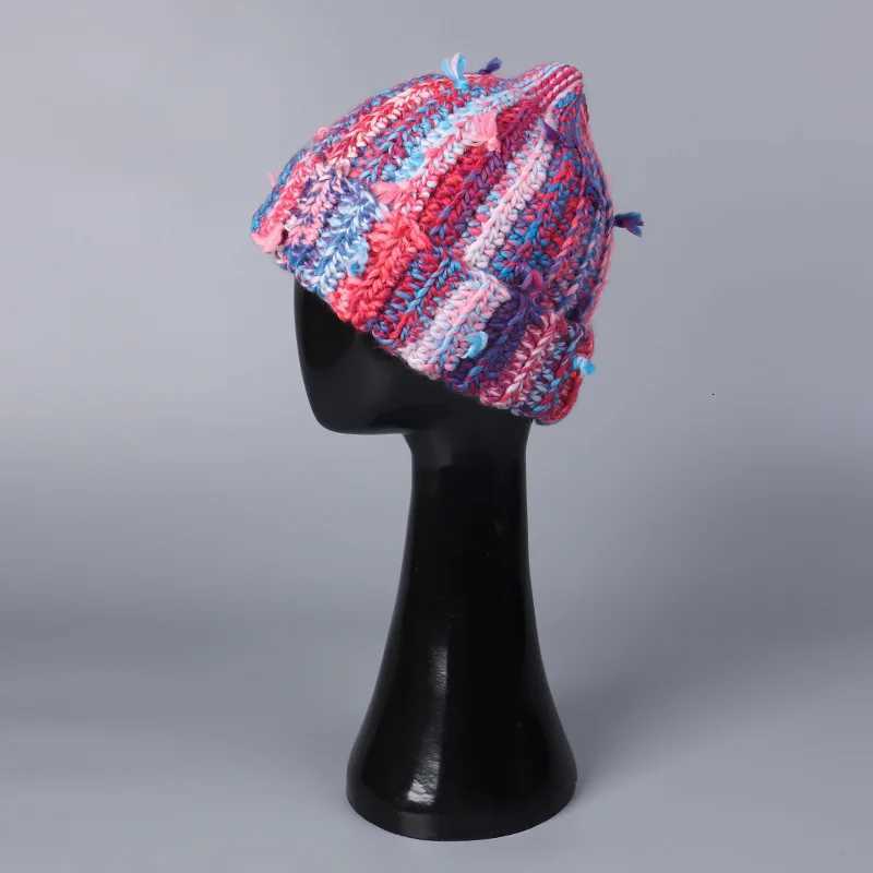 Japanese Style Sweet Knitted Beanie Cap Women Colorful Stripes Handknitted Fashionable Trendy Thick Yarn Wool Warm Beanie CapXJ251101