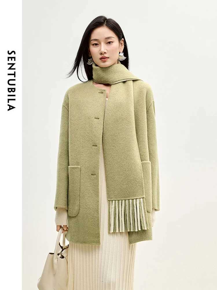 SENTUBILA 100 Wool Double Sided Woolen Coat 2025 Winter U Patch Pocket Tassel Scarf Single Breasted Elegant Coats W44O55981T251101