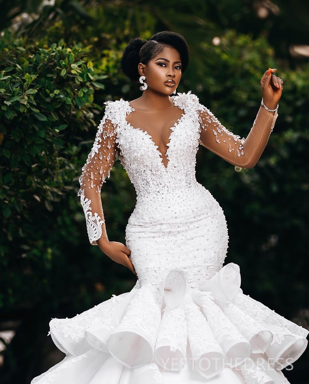 2025 Plus Size Mermaid Wedding Dress Bridal Gowns For Bride Long Sleeves Tiered Sheer Neck Illusion Long Sleeves Beaded Lace Wedding Gowns For Black W