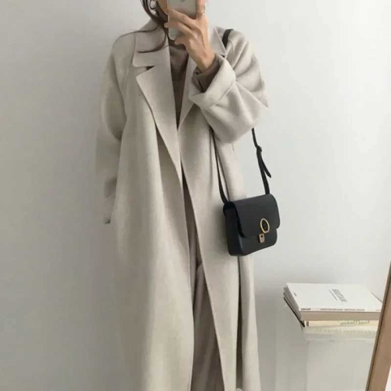 Long Wool Coats Women Midi Waist Lace Up Belt Blends Splice Full Sleeve Cardigan Solid Thick Warm Jackets Straight WinterT251101