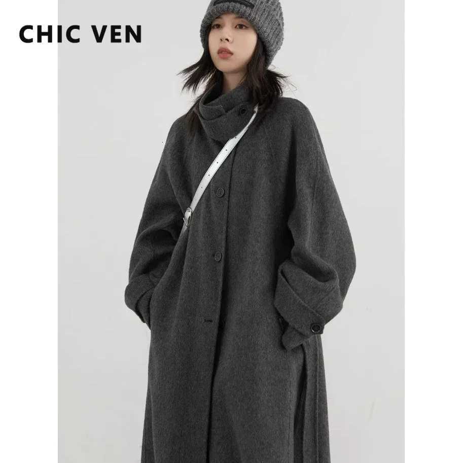CHIC VEN Korean Women Woolen Coat Single Breasted Loose Stand Collar Belt Long Doublesided Ladies Overcoat Autumn Winter 2024T251101