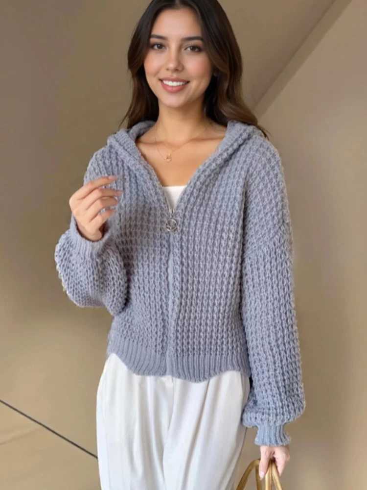 Korean Retro Hooded Knitted Cardigan Casual Slim Fit Zipper Sweater Jacket Autumn Womens Elegant Solid Color Knitted TopT251101