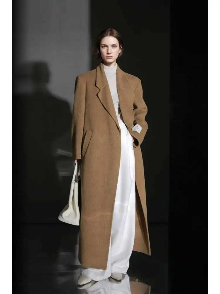 Office Lady OneButton Camel Hair Woolen Long Jackets 2025 Autumn And Winter Suit Collar Simple Loose XLong Womens Wool CoatsT251101