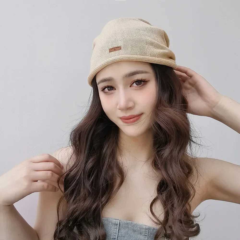 Spring Autumn Women Trendy Breathable Knitted Linen Beanie Hat Leather Patch Solid Stylish Skull Cap NewXJ251101