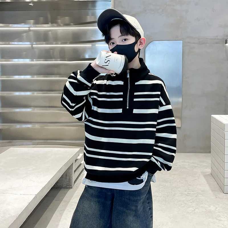 Fashion Casual Childrens Sweatshirt with Half Zipper for Big Boys Black White Striped Turtleneck Hoodie Kids Spring Autumn WearT251101