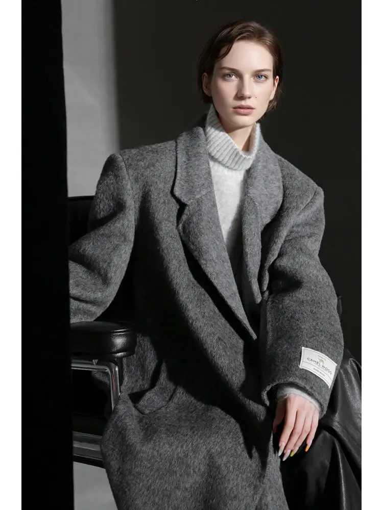 Office Lady OneButton Camel Hair Woolen Long Jackets 2025 Autumn And Winter Suit Collar Simple Loose XLong Womens Wool CoatsT251101