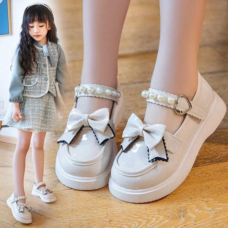 Princess Wedding Leather Shoes Kids Bowknot Flats Pearls Children Girl Dance Glitter Sweet Shoes Fashion Girls Party Dance ShoesT251101