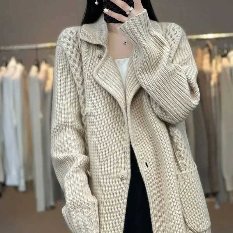 Medium Length Solid Sweater Cardigan Jacket Womens Korean Versatile Temperament Casual Lazy Style Thick Foreign Style OuterwearT251101
