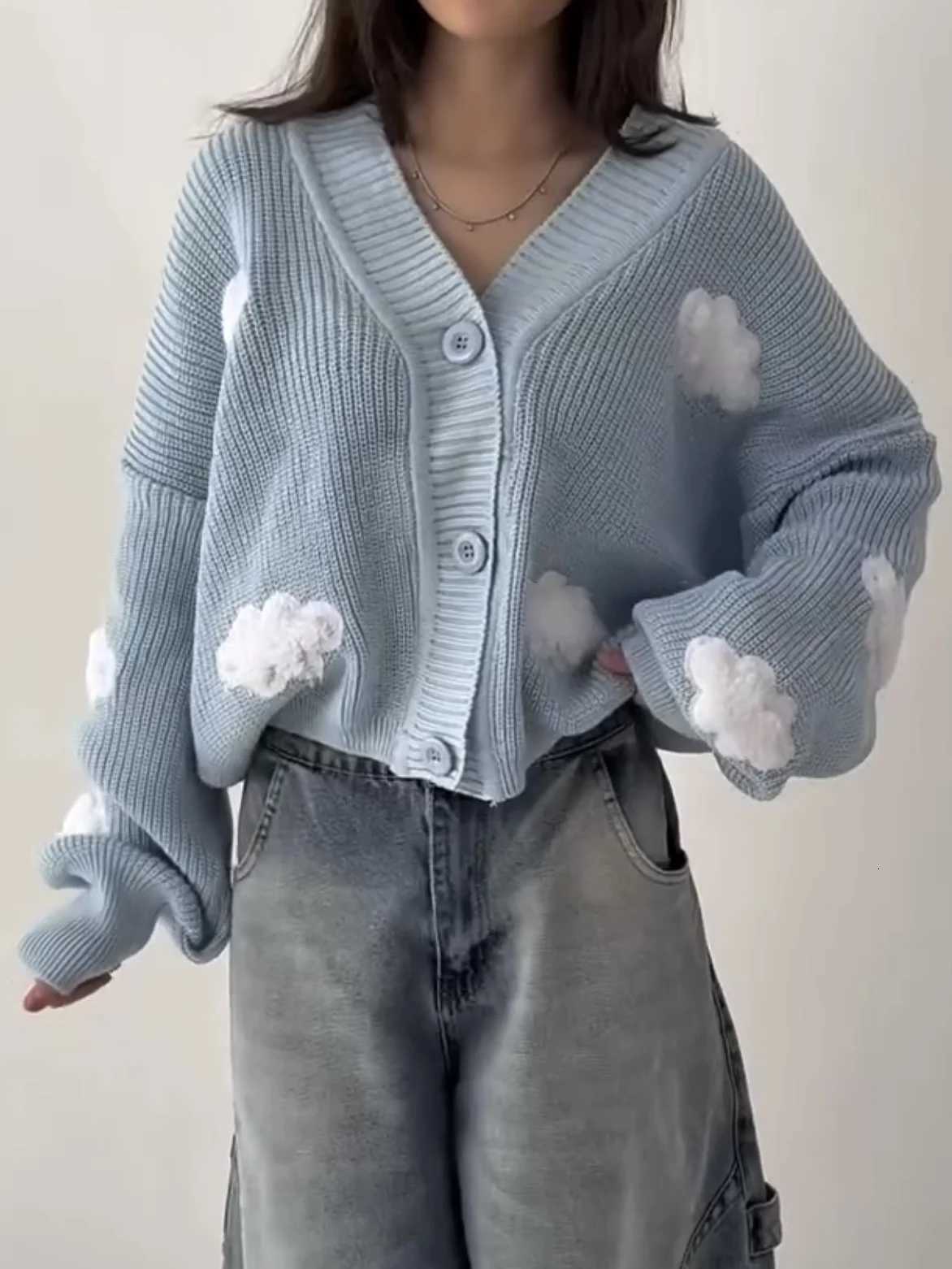 Harajuku Fashion Spliced Cardigan Knit Sweater New Fashionable Casual Sweater Women American Y2k Cloud Embroidery Clothing WomenT251101