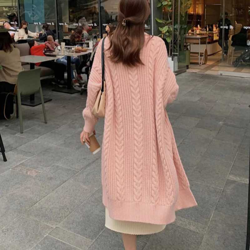 Women MidLength Knitted Cardigan Coat Solid Rib Outerwear Warm Sweater Coat Fall Winter Casual Loose Thickened Long Sleeve CoatT251101