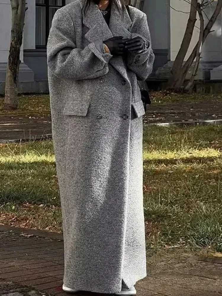 KONDALA Vintage Casual Chic Solid Women Overcoat Double Breasted Oversized Long Jackets Fashion 2025 Autumn Winter Thick CoatsT251101