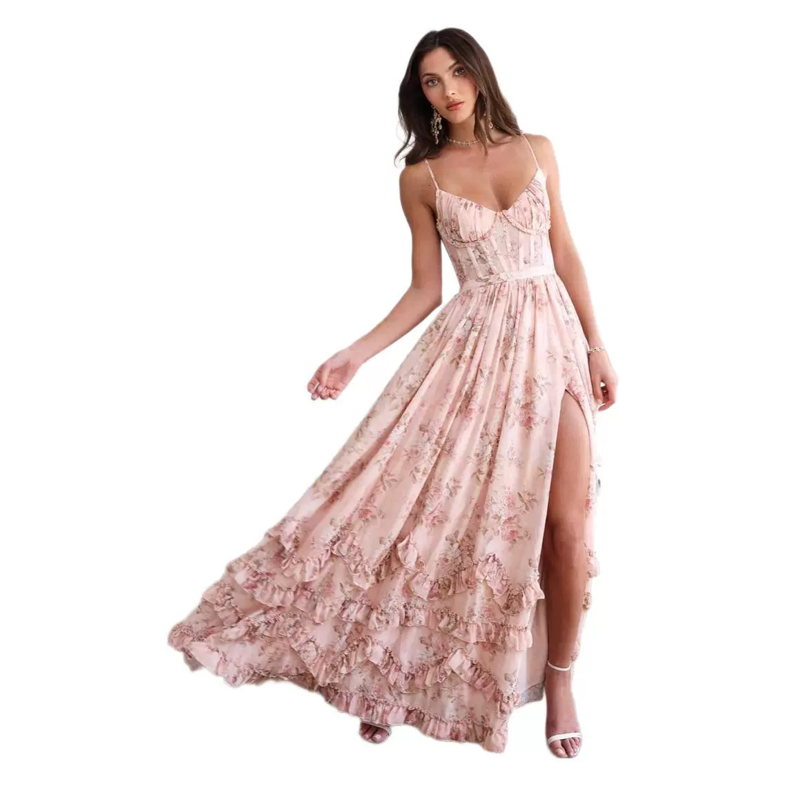 Beautiful And Unique Pink Camisole Dress For Seaside Vacation, Super Beautiful Temperament, Waist Cinching Long Skirt, Children's Summer New Styl