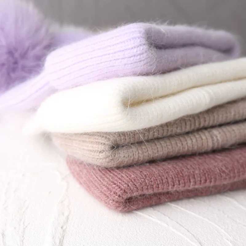 New In Hat Real Fur Pom Poms Hat Women Outdoor Warm Skullies Beanie Winter Hat for Women Rabbit Knitted Thick CAP ChristmasXJ251101