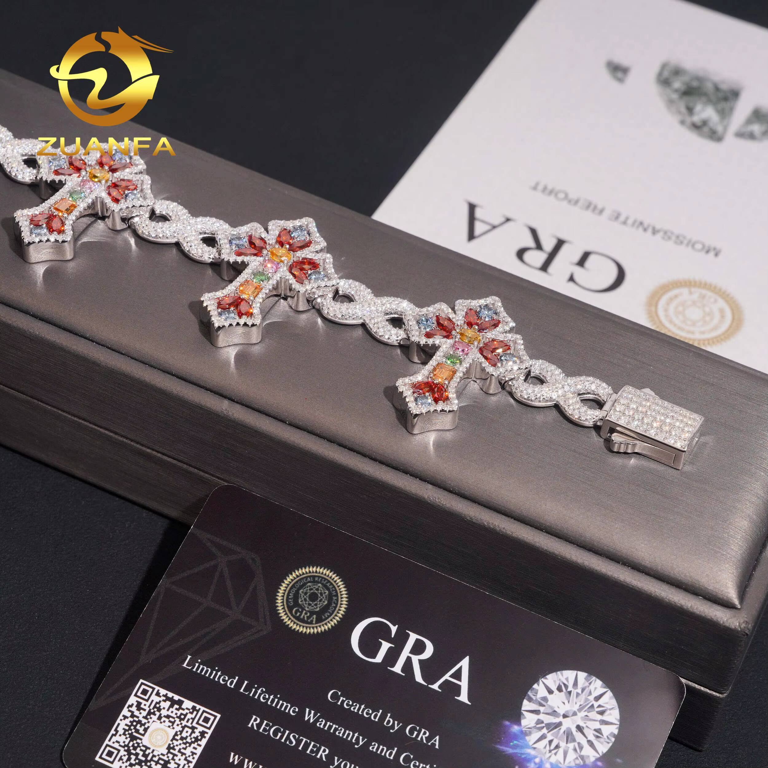 Hip Hop Jewelry 10mm Cross Moissanite Cuban Link Bracelet 925 Silver Multi Color Moissanite Diamond Bracelet Iced Out