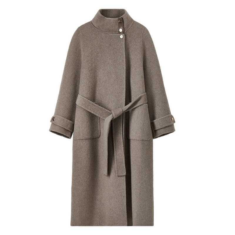SENTUBILA Women Wool Blend Long Coat Winter Warm Outerwears 2025 Loose Fit Stand Neck Double Sided Belted Overcoat W44O56661T251101