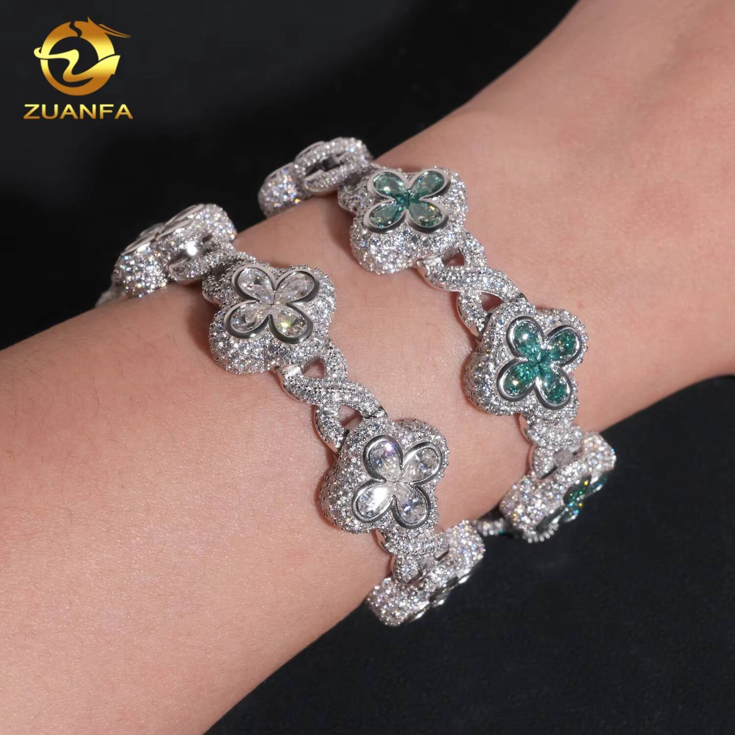 Luxury Hip Hop Jewelry 9mm Flower Moissanite Cuban Link Bracelet 925 Silver Iced Out Moissanite Cuban Bracelet for Men Women
