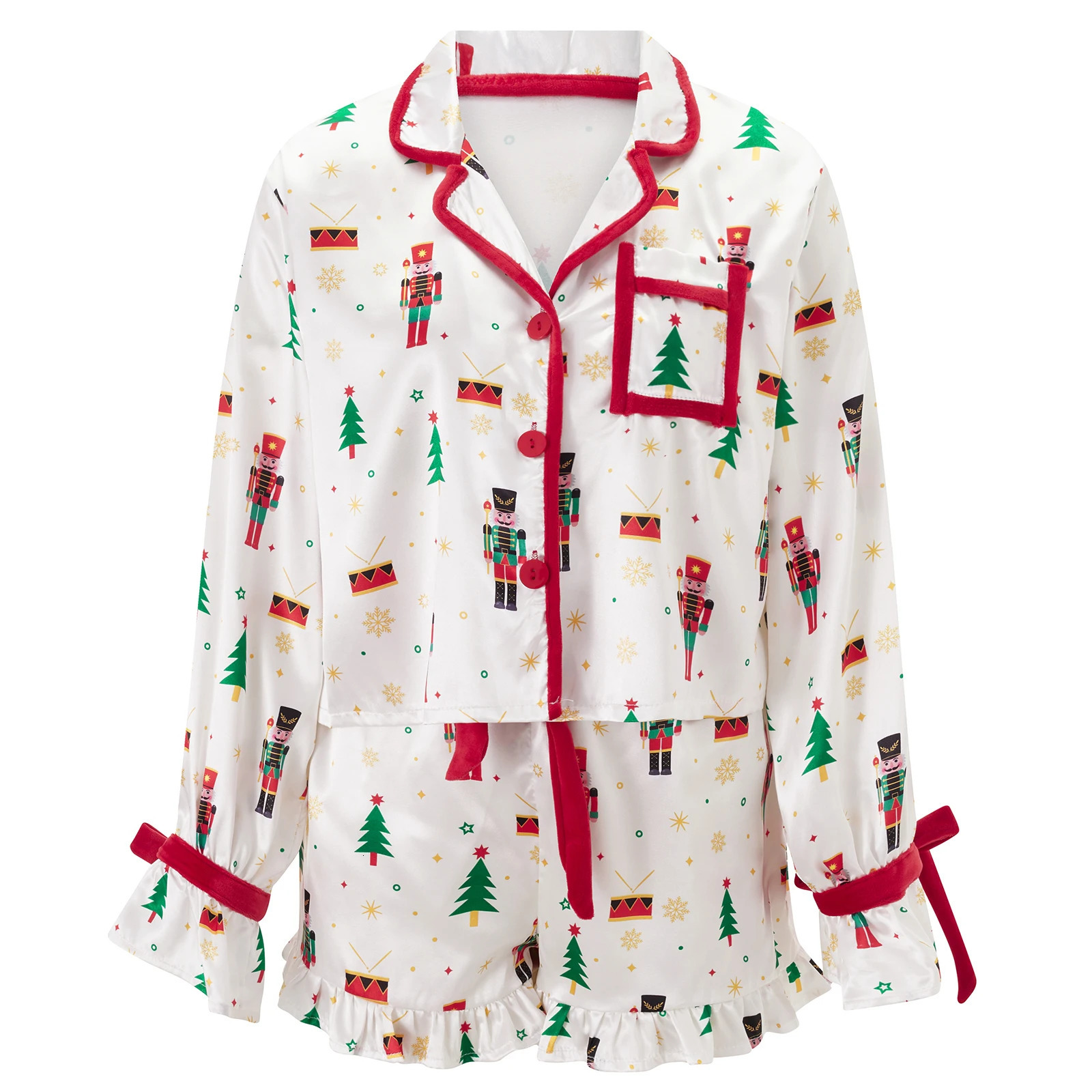 Women 2 Piece Christmas Pajamas Cute Bow Tie Long Sleeve Santa Claus Shirts Ruffles Boxer Shorts Satin Silk Xmas Pjs Sets 251031