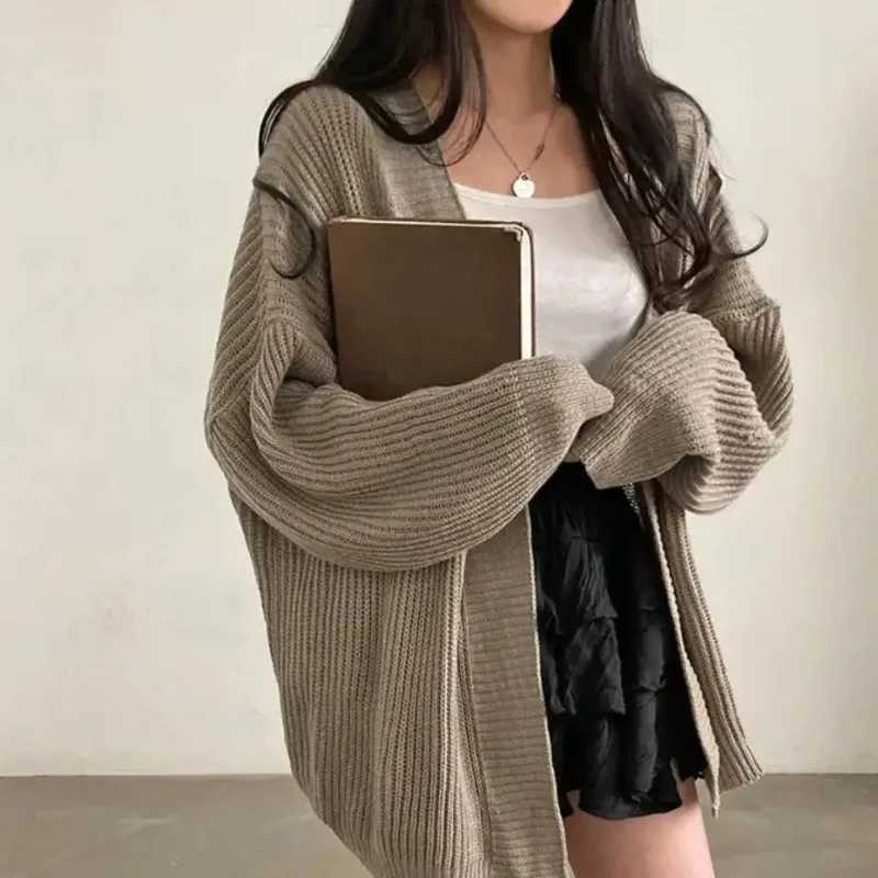 Fashion Korean Autumn Winter Solid Color Knitted Cardigan Casual Loose Oversize Sweater Jacket Office Lady Knitted CardiganT251101