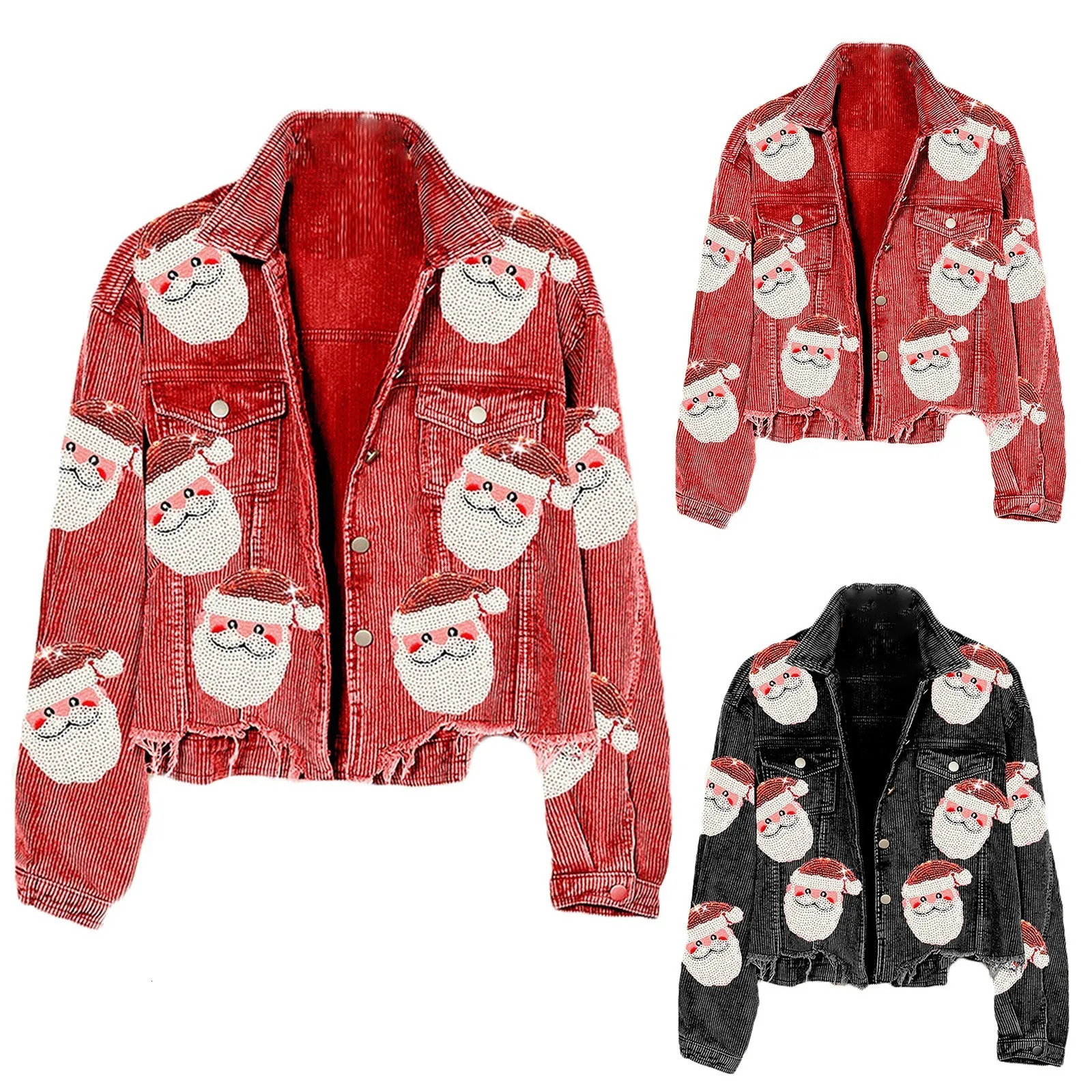Women Autumn Winter Corduroy Print Jacket MultiColor Santa Claus Pattern Sequin Baseball Jacket Laides Christmas Short Jackets 251029