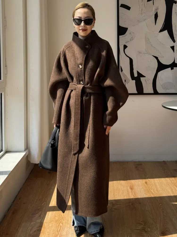 Office Lady SingleBreasted Woolen Jackets 2025 Autumn And Winter Suit Collar LaceUp Loose Long Womens 100 Wool CoatsT251101