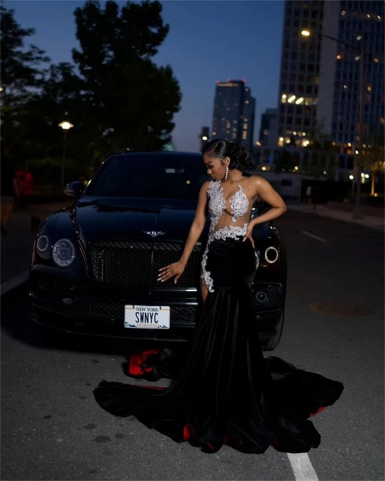 Black Mermaid Prom Dresses 2025 Lace Sheer Neck Velvet High Split Evening Formal Party Second Birthday Engagement Gowns Plus Size Dress For Special