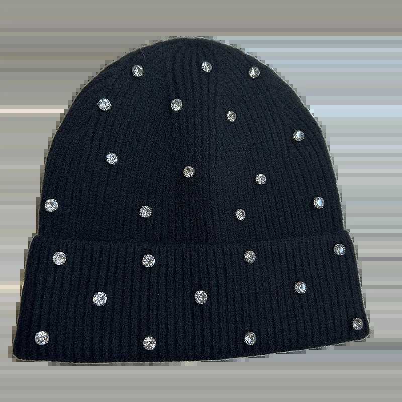 Womens Knit Beanie Winter Hat with Rhinestones Stylish Solid Color Warm Fleece Lined Cap for Cold WeatherXJ251101