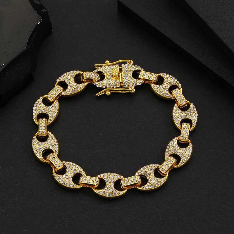 HipHop mens 12mm coffee bean Cuban chain bracelet with sparkling rhinestones set in Miami Cuban chain jewelry Y250329