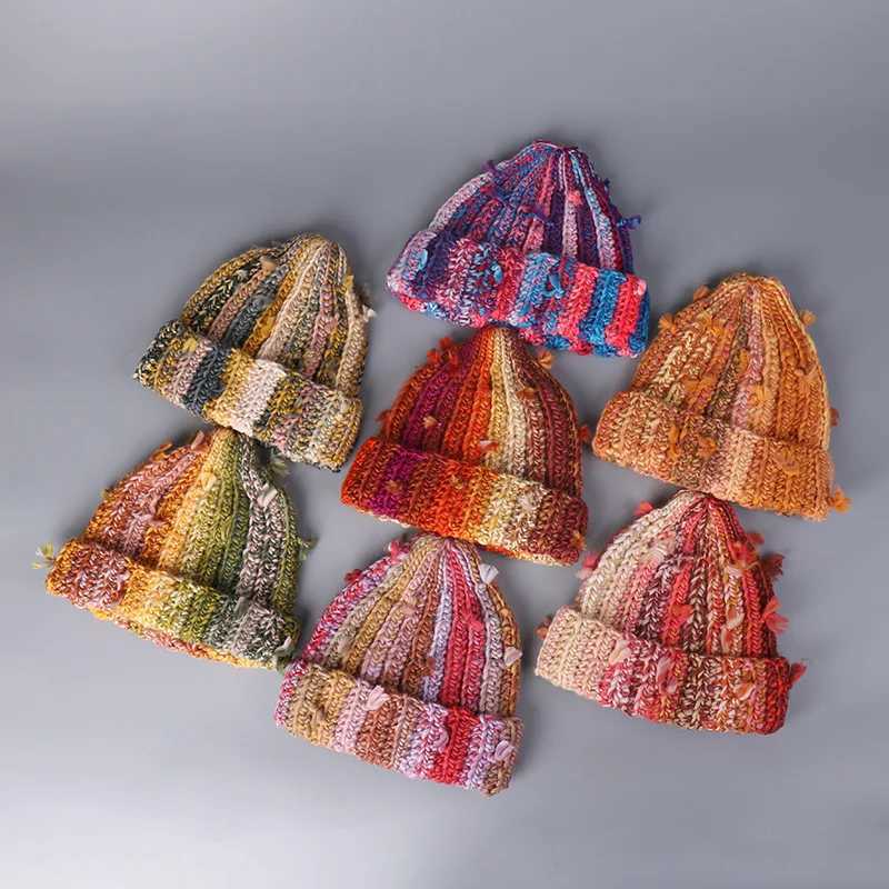 Japanese Style Sweet Knitted Beanie Cap Women Colorful Stripes Handknitted Fashionable Trendy Thick Yarn Wool Warm Beanie CapXJ251101
