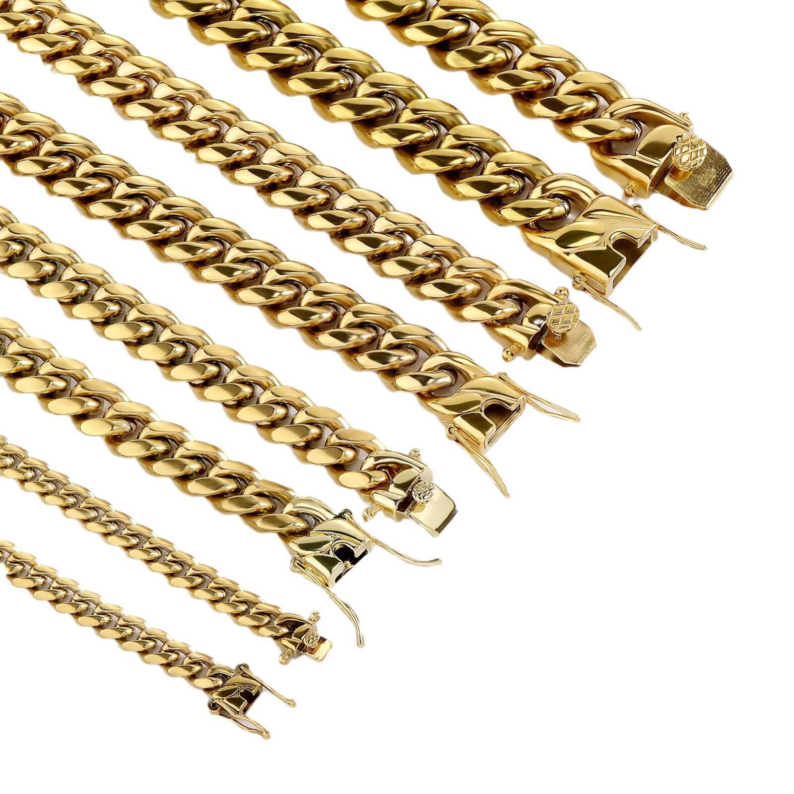 Wholesale 14K Gold Plated Stainless Steel Hip Hop Cuban Link Insert Clasp Butterfly Buckle Big Cuban Chain Necklace