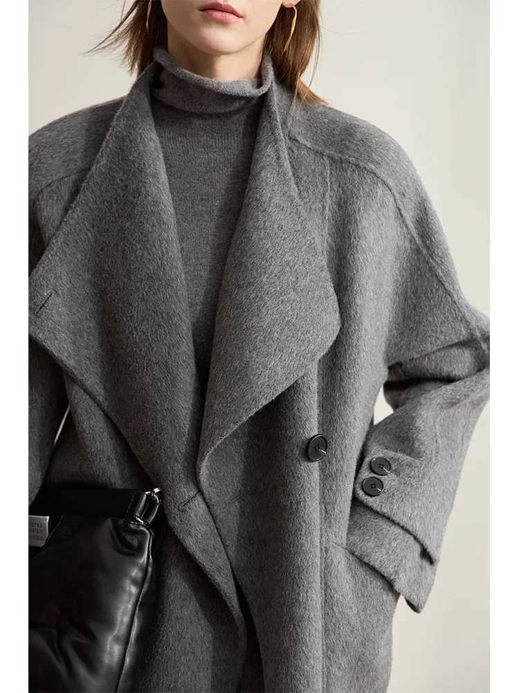 AMII Minimalism 100 Wool Doublesided Woolen Coat for Women 2024 Winter Commuter Raglan Sleeve Loose Long Outerwear 12424063T251101