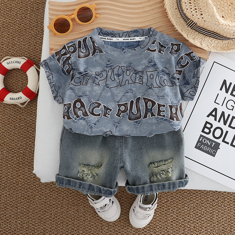 boys designer clothes 2025 Summer Boys Outfit Set Distressed T-shirt & Shorts 2 Piece Set Fashion Breathable Toddler Clothes
