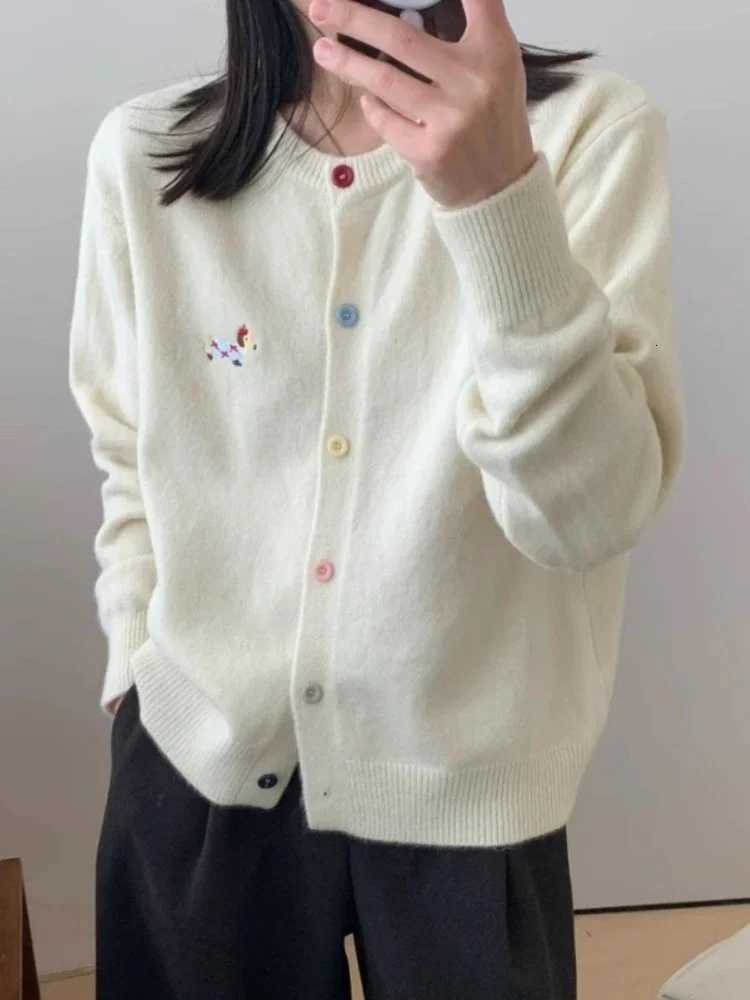Women Basic Colorful Buttons Tops Knitted Chic Embroidery Cardigan Autumn Winter 2025 Soft Elegant Oneck Loose Casual SweatersT251101