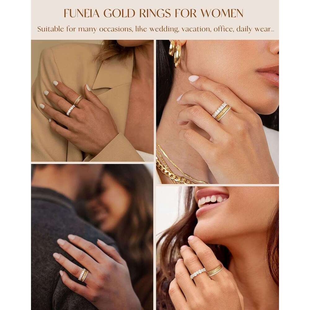 Stackable for Women Non Chunky 14K Plated that Don't Tarnish Engagement Cubic Zirconia Ring Set Stack Dainty Pinky Wedding Bands Thumb Rings Gold