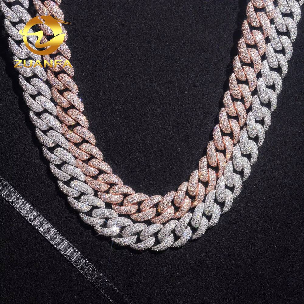 Mosaic Setting14mm Round Brillant Cut Moissanite Diamond Hip Hop Jewelry 14mm Moissanite Cuban Link 925 Silver Iced Out Chain