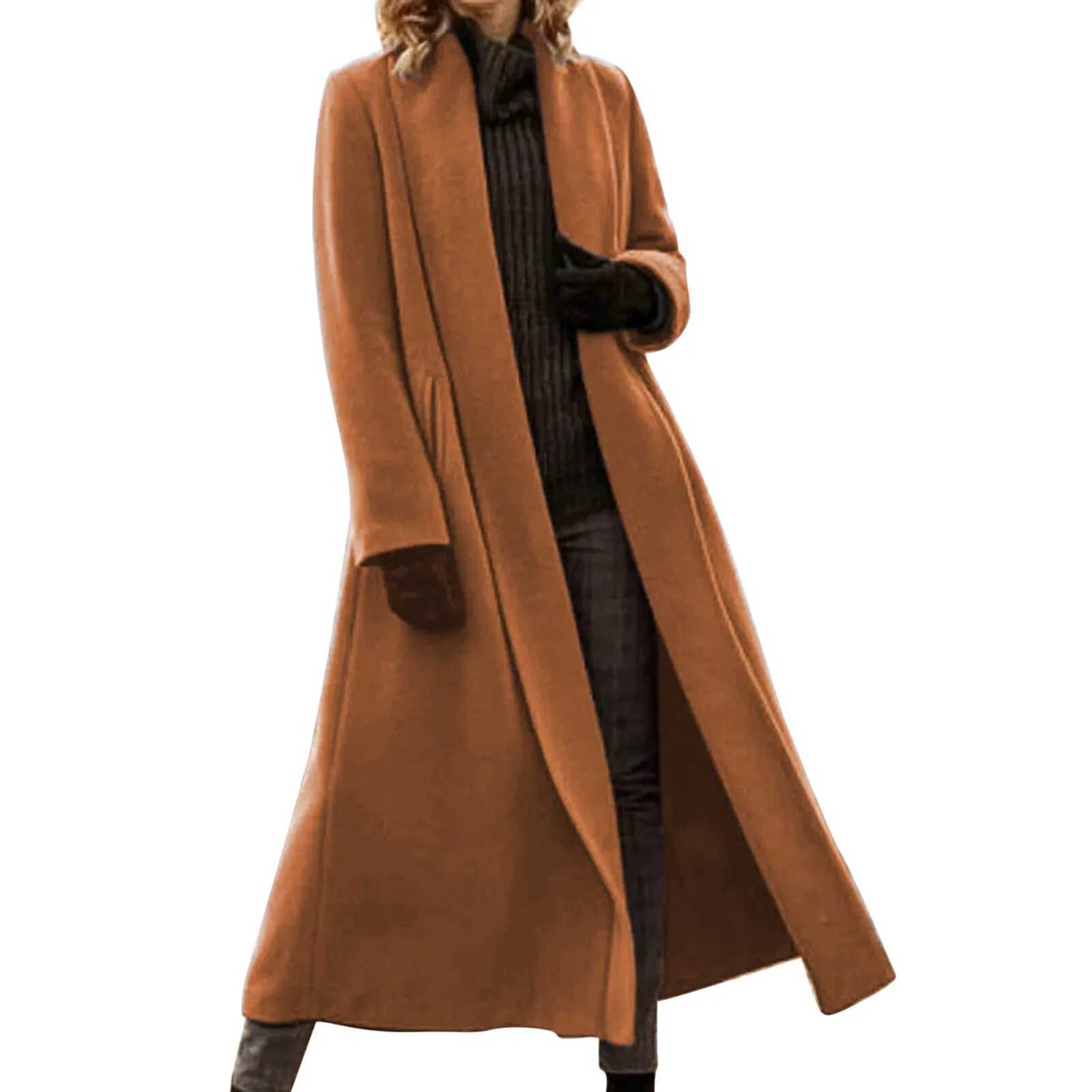 Women Fashion Woolen Coat Long Sleeve Lapel Blends Jackets Autumn Winter High Street Outerwear Midi Trench CoatT251101