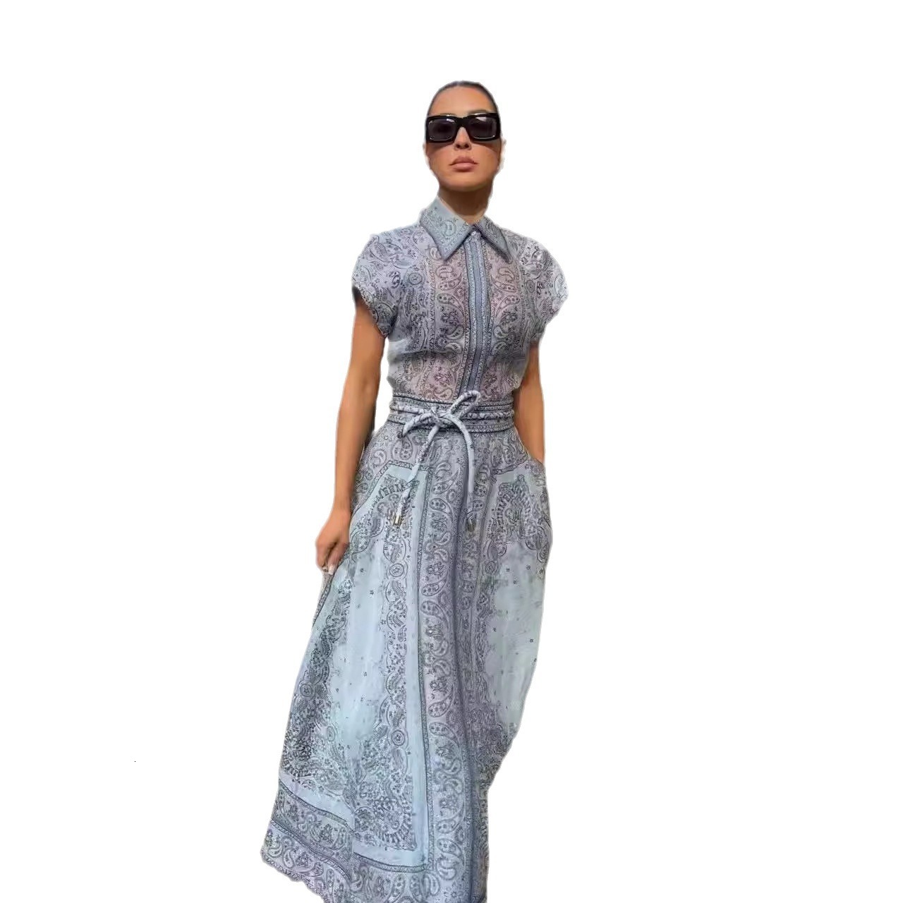 2023 Autumn/Winter New Fashion Show Printed Positioning Two Piece Set High End Shirt Top Tie Up Long Half Skirt
