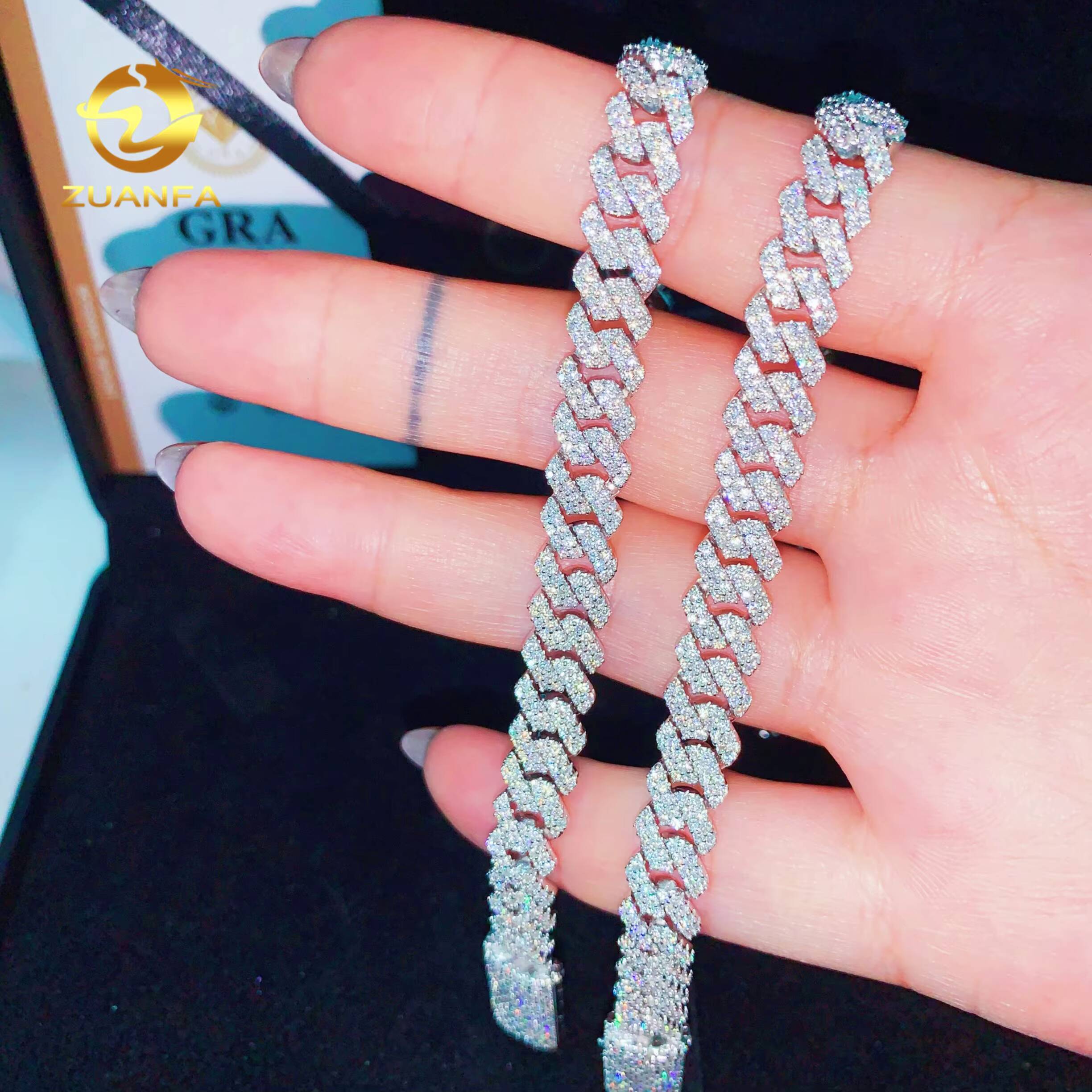 Classic Basic 8mm 2 Row Moissanite Chain Cuban Links Prong Chain Pass Diamond Tester 925 Silver Cuban Link Chain Necklace