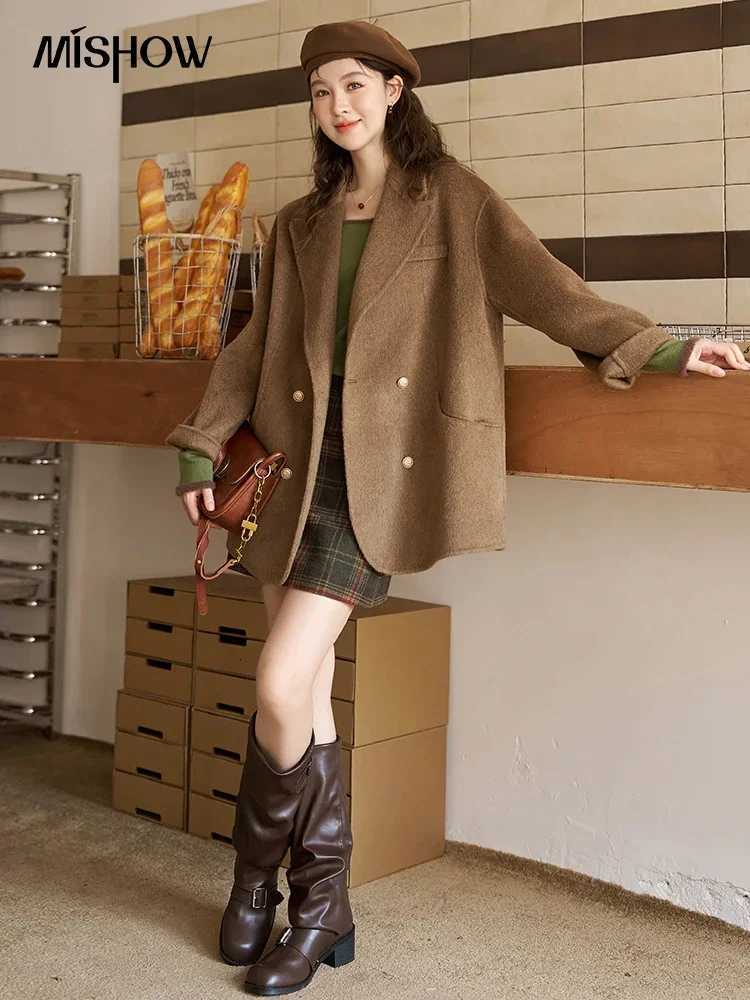 MISHOW Womens Handmade Doublesided Mid Length Woolen Coat 2023 Winter Vintage Double Breasted Short Wool Outerwear MXC52W0210T251101
