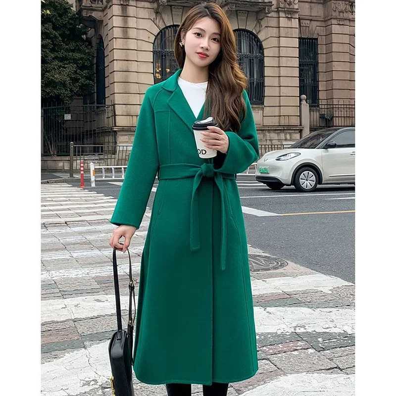 2024 Autumn Winter Women Sweet Bowknots Lace Up MidLong Thermal Woolen Coat Lady Chic Luxury Solid Outside Party Coat JacketsT251101