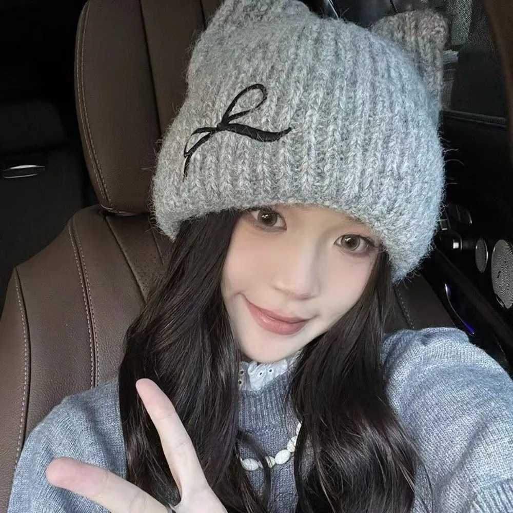 Fashion Cat Ear Beanie Cap Windproof Thickened Knitted Woolen Hat Solid Color Winter Warm Crochet HatXJ251101